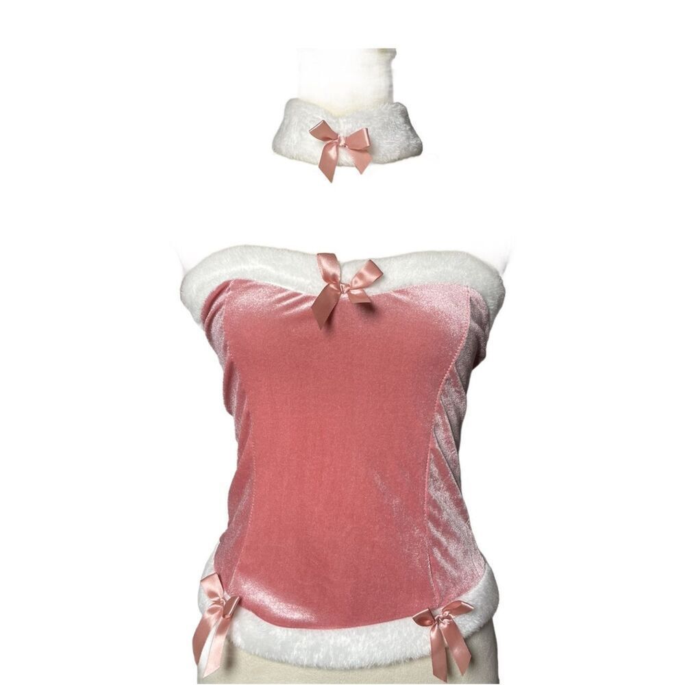 Pink Velvet Faux-Fur Trim Corset Bodice with Fluffy White Collar (Size: Large) - Picture 7 of 12